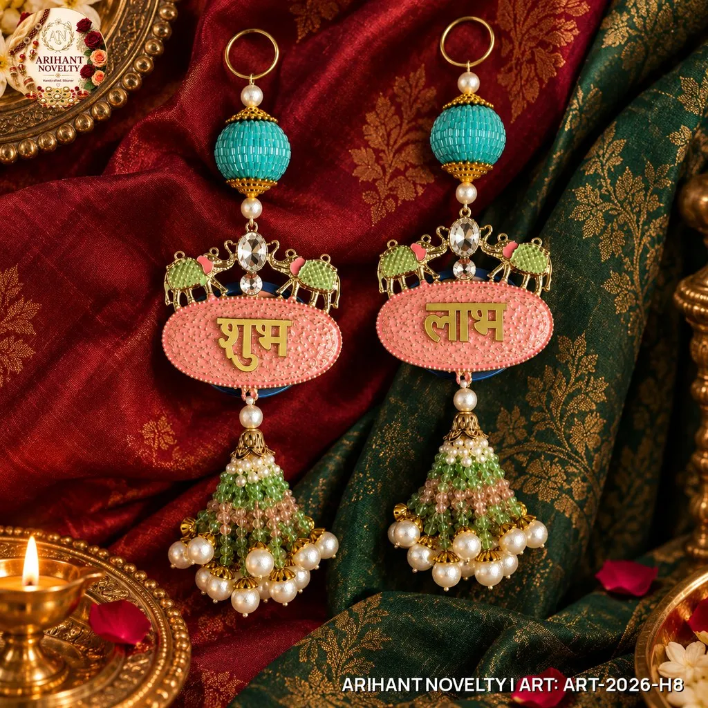 Shubh-Labh Elephant Meenakari Hanging Pair – handmade Hangings rakhi from Bikaner by Arihant Novelty