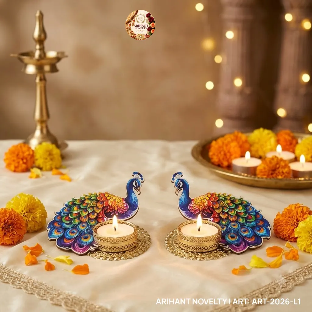 Peacock Wooden Tea-Light Holder Pair – handmade Tea Light Holder rakhi from Bikaner by Arihant Novelty