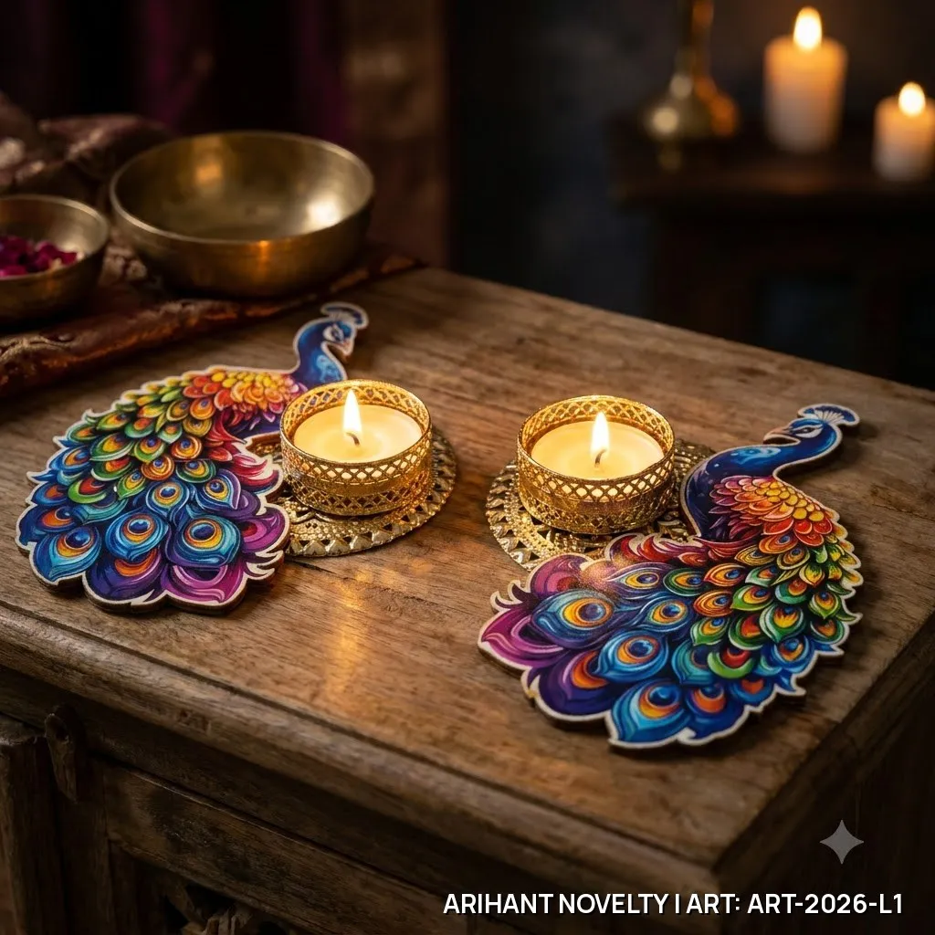 Peacock Wooden Tea-Light Holder Pair – handmade Tea Light Holder rakhi from Bikaner by Arihant Novelty