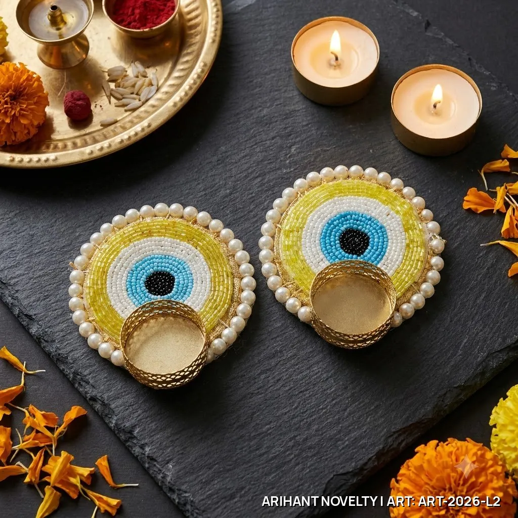 Evil Eye Brass Cup Tea-Light Pair – handmade Tea Light Holder rakhi from Bikaner by Arihant Novelty