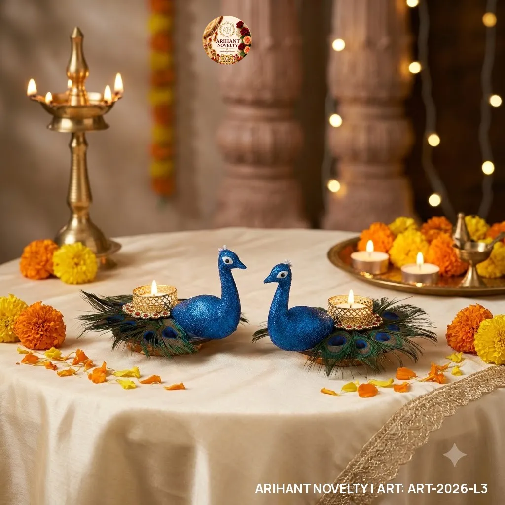 Blue Peacock Tea-Light Holder Pair – handmade Tea Light Holder rakhi from Bikaner by Arihant Novelty