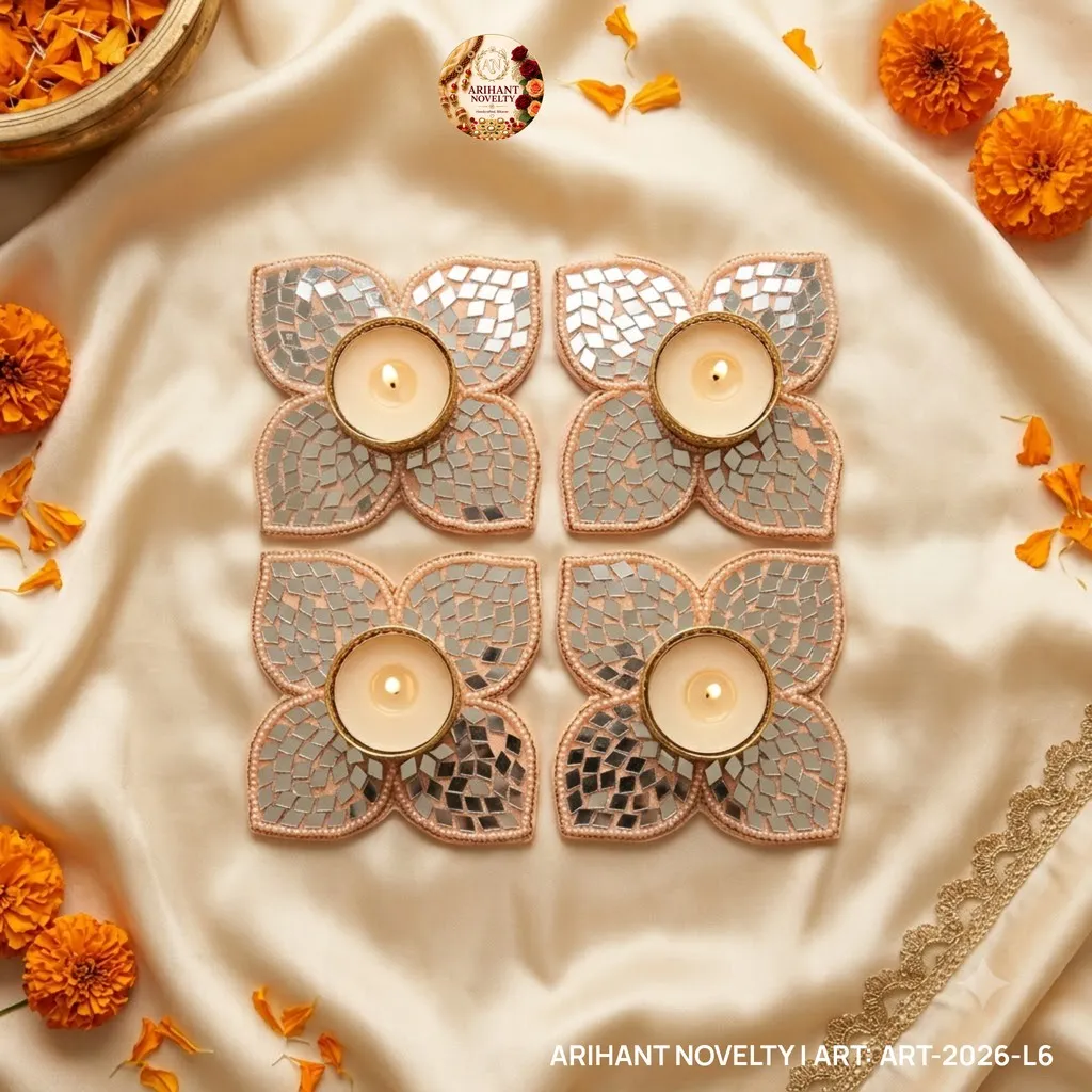 Pink Mirror-Work Tea-Light Holder Set of 4 – handmade Tea Light Holder rakhi from Bikaner by Arihant Novelty