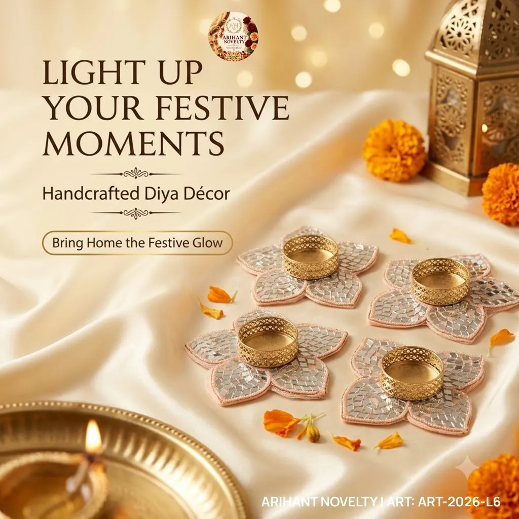 Pink Mirror-Work Tea-Light Holder Set of 4 – handmade Tea Light Holder rakhi from Bikaner by Arihant Novelty