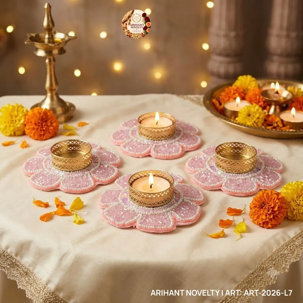 Pink Sequin Pearl Tea-Light Holder Set of 4 – handmade Tea Light Holder rakhi from Bikaner by Arihant Novelty