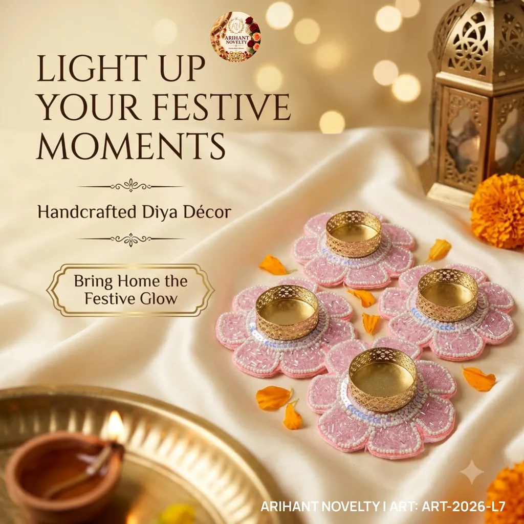 Pink Sequin Pearl Tea-Light Holder Set of 4 – handmade Tea Light Holder rakhi from Bikaner by Arihant Novelty