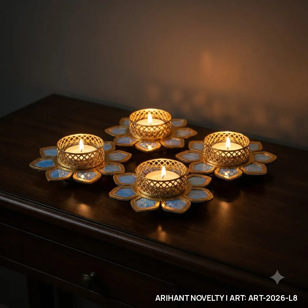 Iridescent Petal Tea-Light Holder Set of 4 – handmade Tea Light Holder rakhi from Bikaner by Arihant Novelty