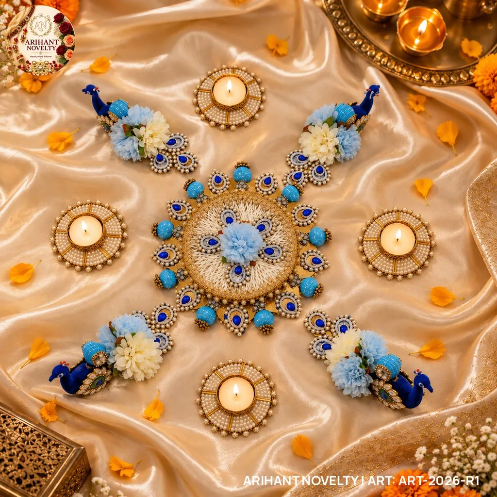 Reusable Peacock Blue Floral Rangoli with Tea-Lights – handmade Rangoli rakhi from Bikaner by Arihant Novelty