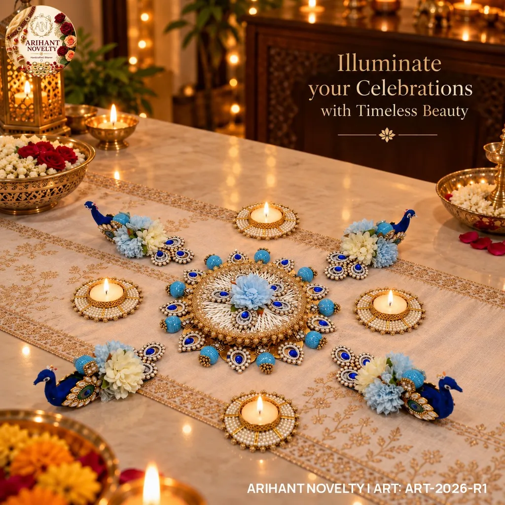 Reusable Peacock Blue Floral Rangoli with Tea-Lights – handmade Rangoli rakhi from Bikaner by Arihant Novelty