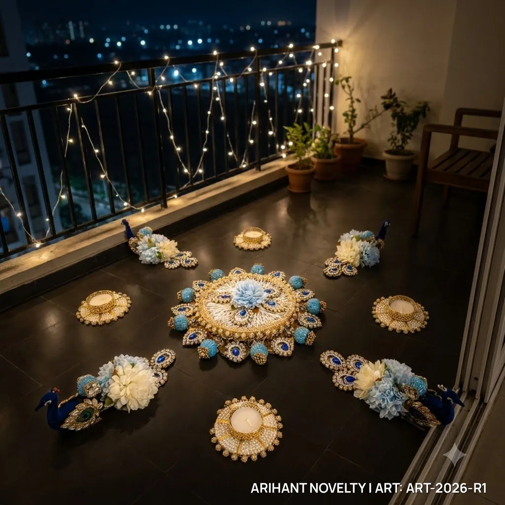 Reusable Peacock Blue Floral Rangoli with Tea-Lights – handmade Rangoli rakhi from Bikaner by Arihant Novelty