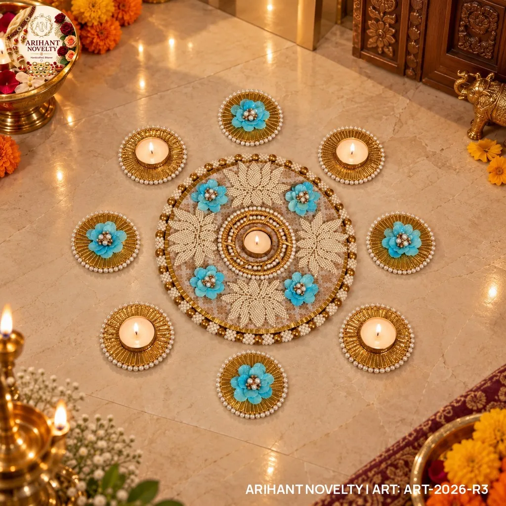 Reusable Ivory Pearl Lotus Rangoli with Sky-Blue Flowers – handmade Rangoli rakhi from Bikaner by Arihant Novelty