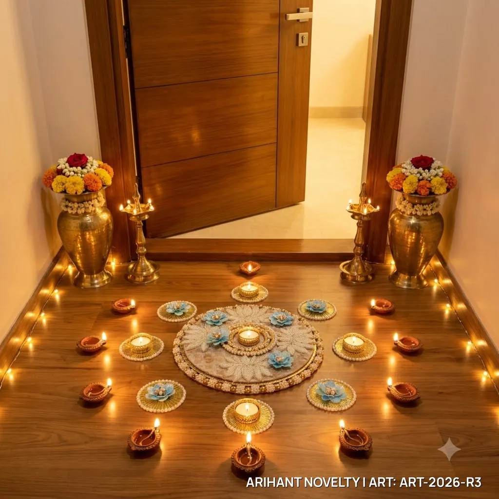 Reusable Ivory Pearl Lotus Rangoli with Sky-Blue Flowers – handmade Rangoli rakhi from Bikaner by Arihant Novelty