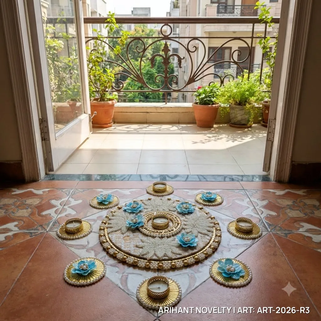 Reusable Ivory Pearl Lotus Rangoli with Sky-Blue Flowers – handmade Rangoli rakhi from Bikaner by Arihant Novelty
