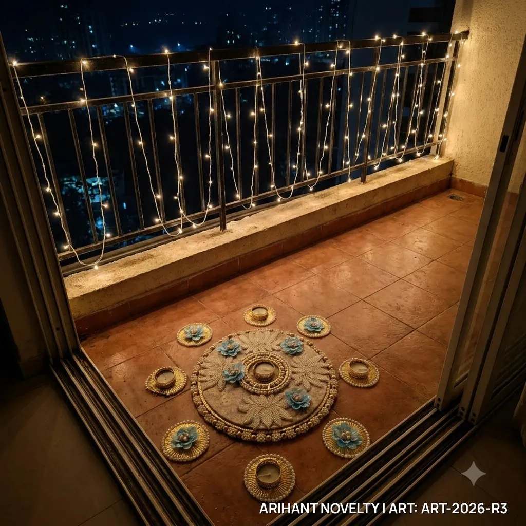 Reusable Ivory Pearl Lotus Rangoli with Sky-Blue Flowers – handmade Rangoli rakhi from Bikaner by Arihant Novelty