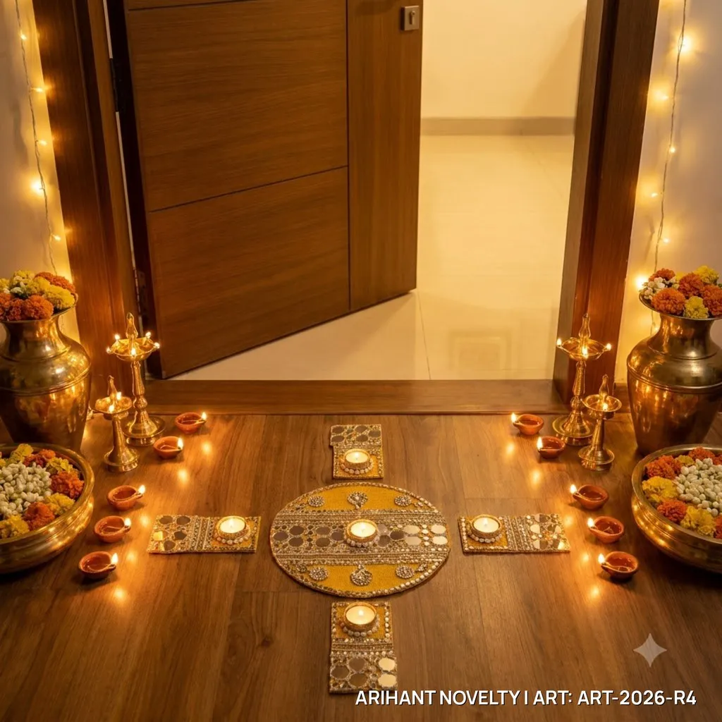 Reusable Mirror Mosaic Rangoli, Mustard – handmade Rangoli rakhi from Bikaner by Arihant Novelty