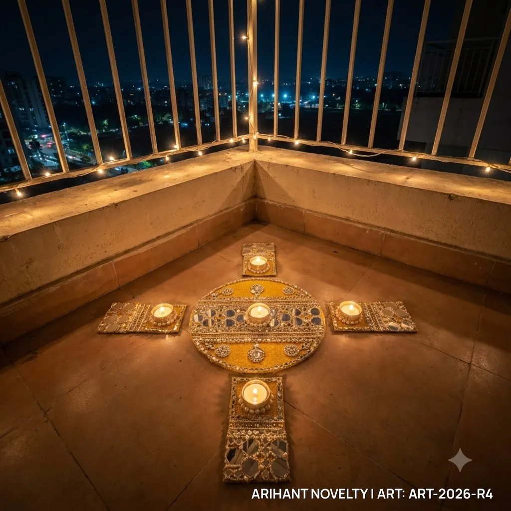 Reusable Mirror Mosaic Rangoli, Mustard – handmade Rangoli rakhi from Bikaner by Arihant Novelty
