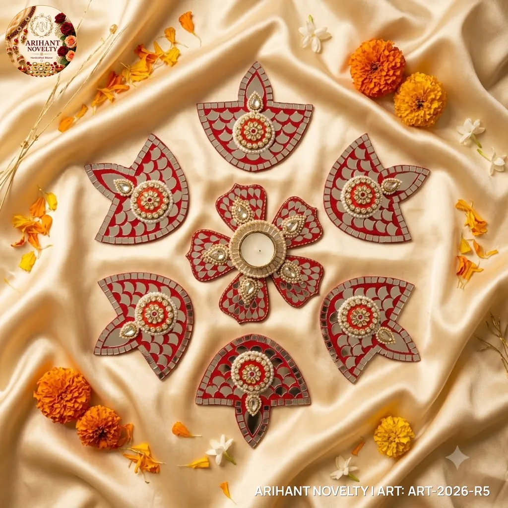 Red Lippan Mirror Rangoli Set – handmade Rangoli rakhi from Bikaner by Arihant Novelty