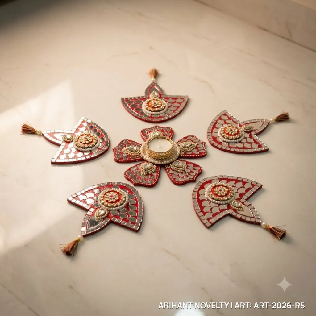 Red Lippan Mirror Rangoli Set – handmade Rangoli rakhi from Bikaner by Arihant Novelty