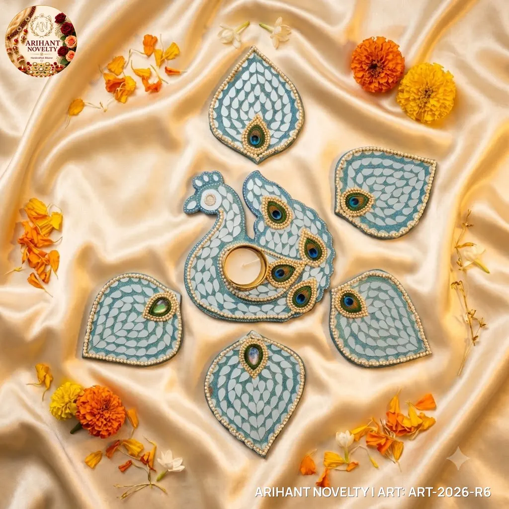 Peacock Lippan Mirror Rangoli Set – handmade Rangoli rakhi from Bikaner by Arihant Novelty
