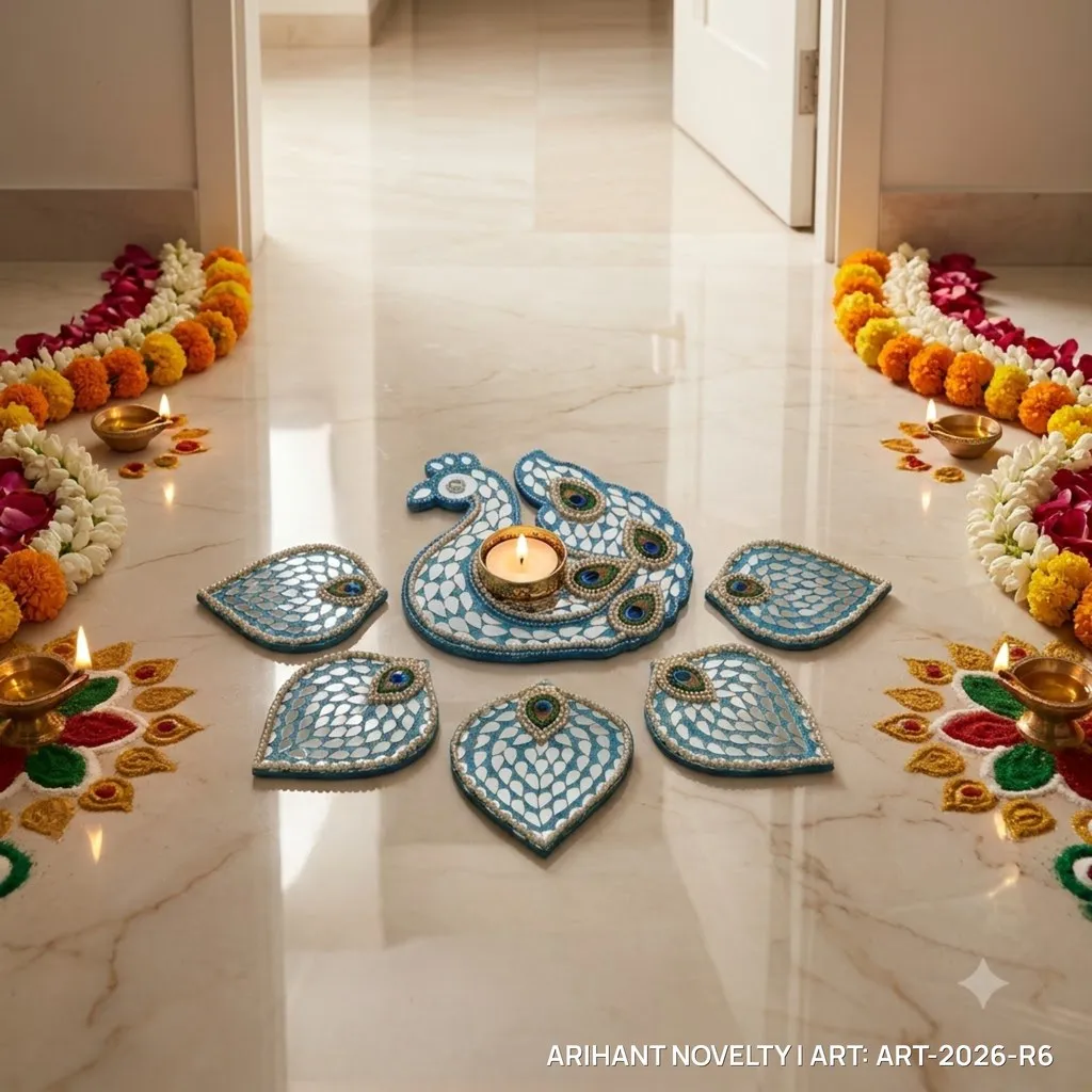 Peacock Lippan Mirror Rangoli Set – handmade Rangoli rakhi from Bikaner by Arihant Novelty