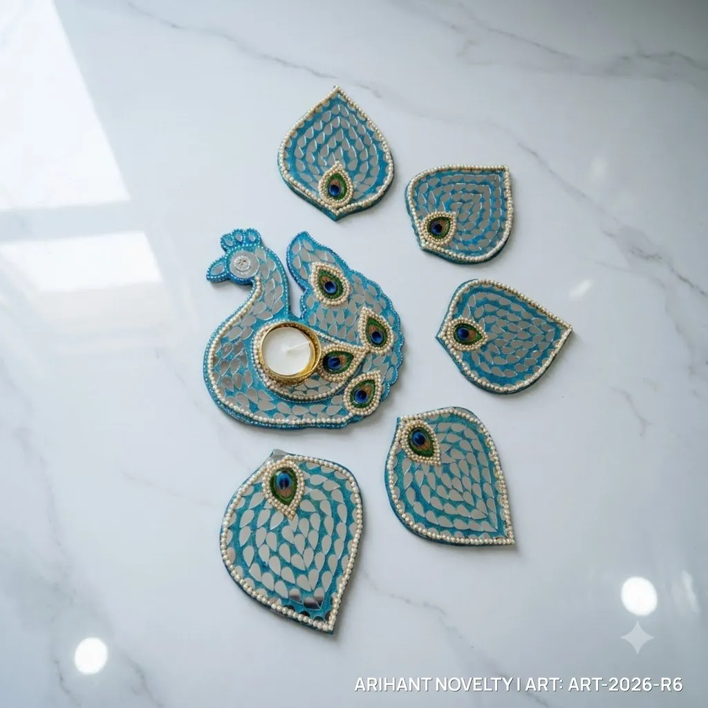 Peacock Lippan Mirror Rangoli Set – handmade Rangoli rakhi from Bikaner by Arihant Novelty