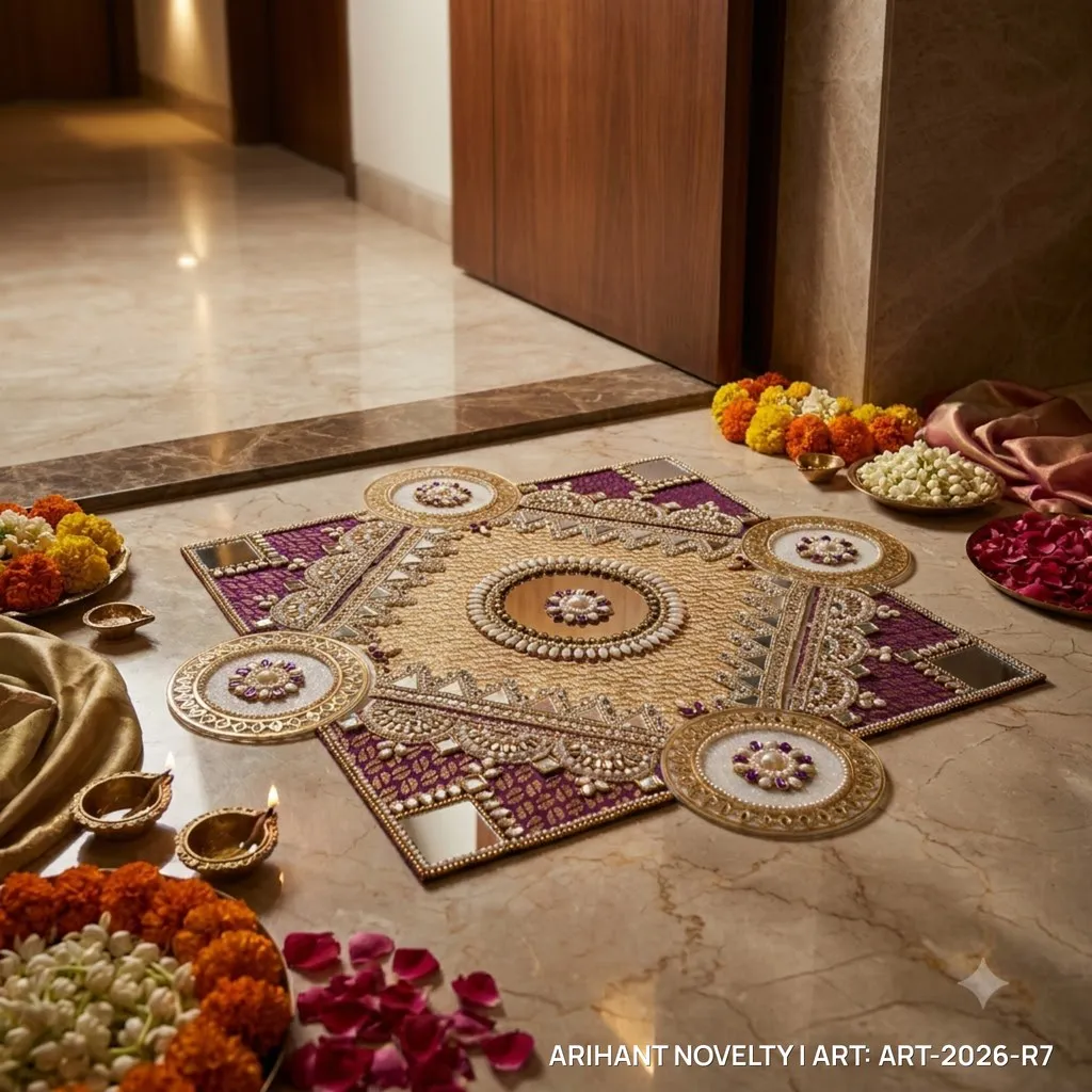 Purple & Gold Zardosi Rangoli Mat – handmade Rangoli rakhi from Bikaner by Arihant Novelty