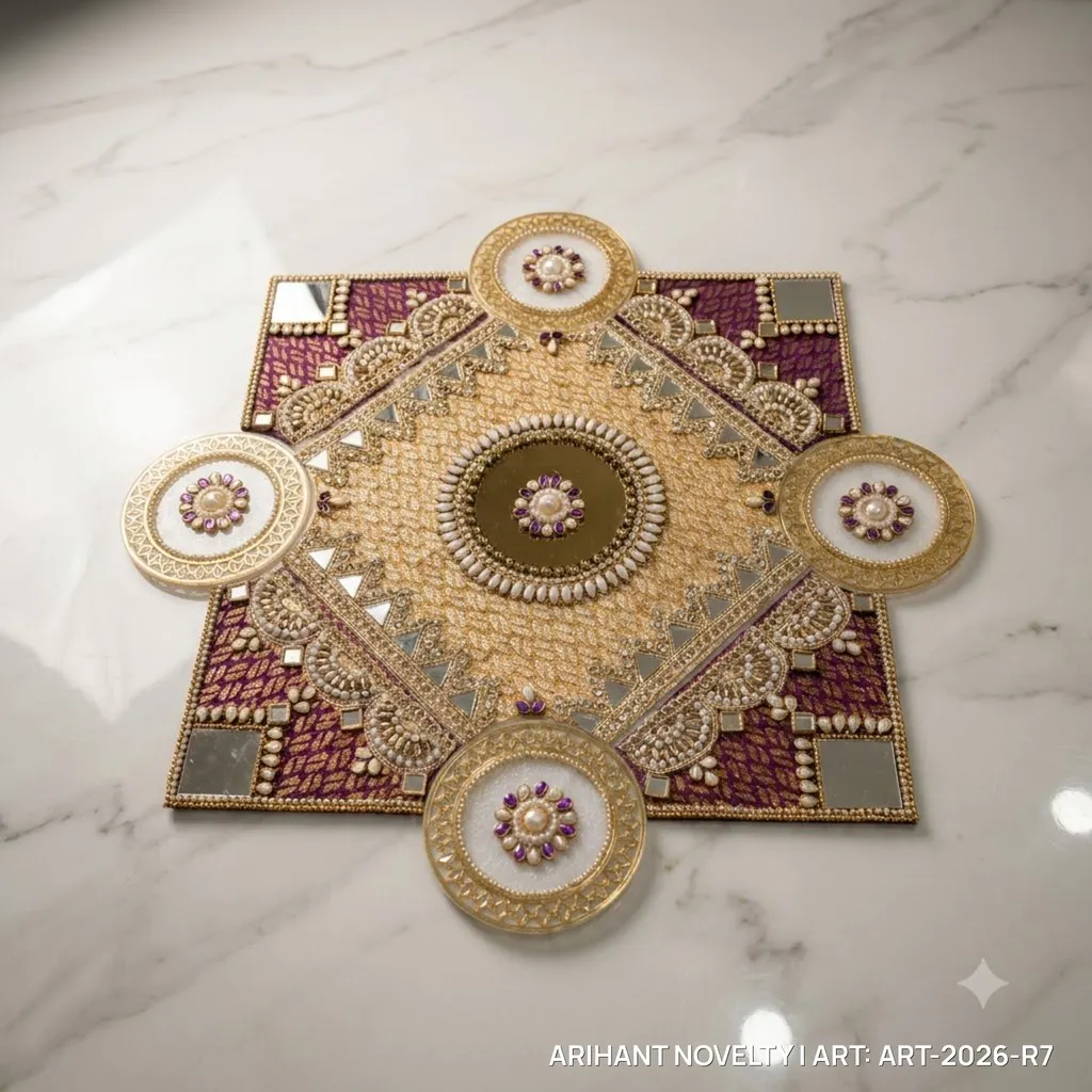 Purple & Gold Zardosi Rangoli Mat – handmade Rangoli rakhi from Bikaner by Arihant Novelty