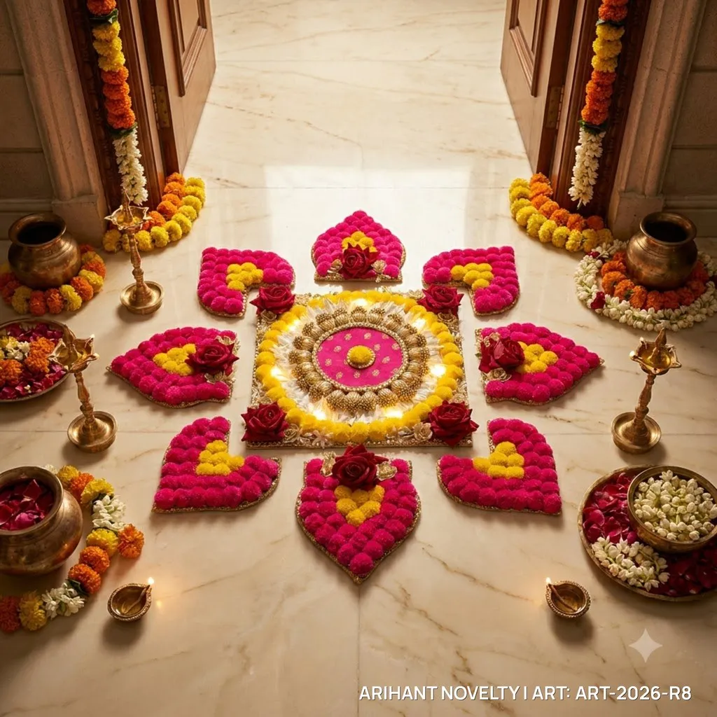 Pom-Pom & Rose Lit Rangoli Set – handmade Rangoli rakhi from Bikaner by Arihant Novelty